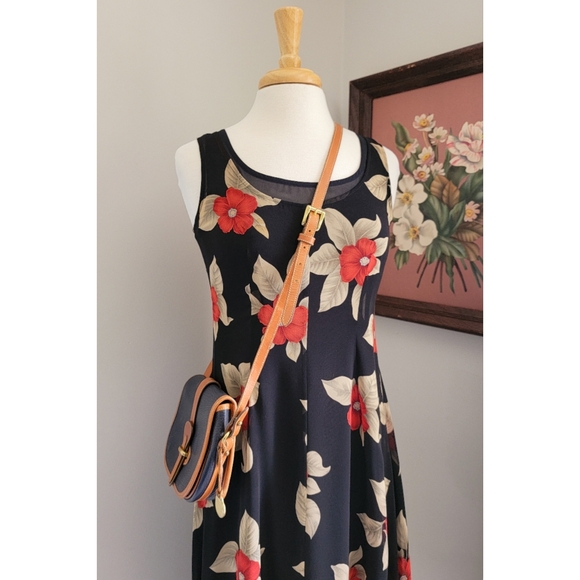 90s Black Floral Silk Scoop Neck 1990s Vintage Fully Lined Sleeveless Midi Dress - Picture 11 of 14